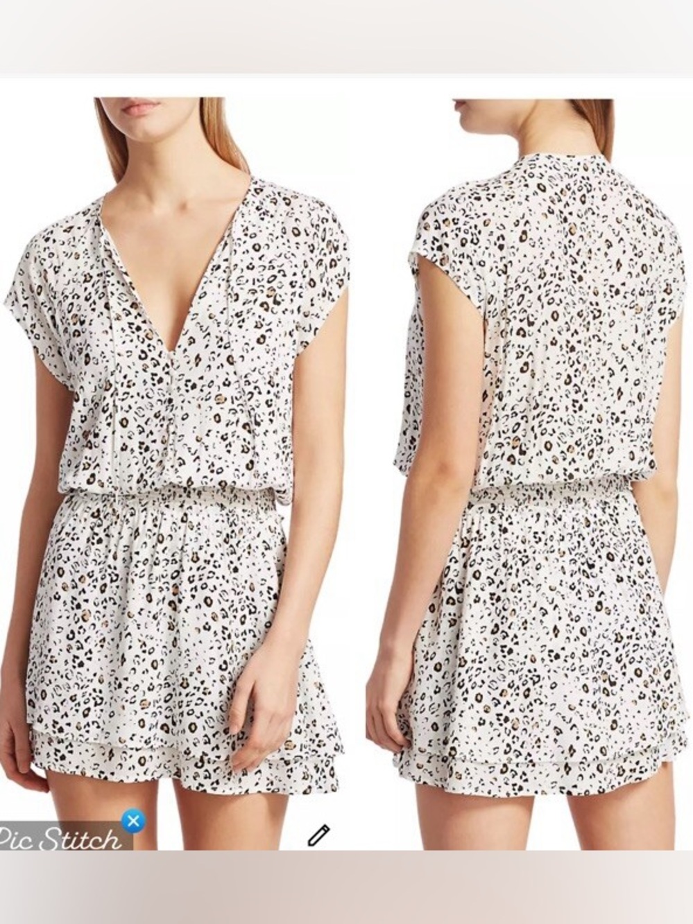 Rails Karla Mini Dress White Leopard Cheetah Smocked Waist V-Neck Size Large